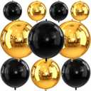 Gold and Black Round Foil Balloons, 22" 18" 15" 4D Helium Balloon, Metallic Gold Black Foil Baloon for Graduation Birthday Wedding New Year 2026 Game Theme Party Decorations