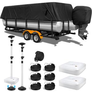 1200D Pontoon Boat Cover with Support Poles 2 Pack, Heavy Duty Pontoon Boat Cover, 17-20 ft Waterproof Boat Cover for Pontoon with Motor Cover, Adjustable 14 Tie Down Straps,Black