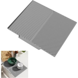 Silicone Dish Drying Mat for Kitchen Counter with 6.5" Built-in Drain Lip & Hanging Hole, Quick-Dry, Heat-Resistant, Non-Slip Stone Drying Mat, Easy to Clean and Drain Board (Grey, 16.9" x 13")