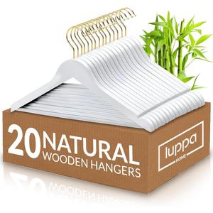 Wooden Hangers - Top Notch Durable & Slim Coat Hanger - Suit Hangers with 360-Degree Rotatable Hook - Wood Hangers with Shoulder Grooves (White+Gold, 20 Pack)