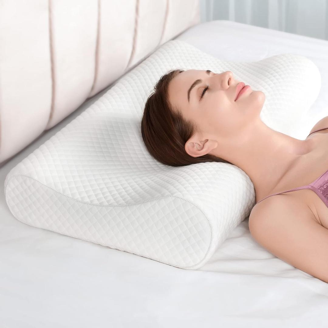 AM AEROMAX 32" King Size Contour Memory Foam Pillow, Cervical Pillow for Neck Pain Relief, Neck Orthopedic Sleeping Pillows for Side, Back and Stomach Sleepers (White - Soft)