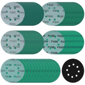 5 Inch 8 Hole Sanding Discs, 100 Pcs Wer Dry Sanding Disc Set 600 800 1000 1500 2000 Assorted Grits Hook and Loop Green Polyester Film Backed Sandpaper with Interface Pad for Random Orbital Sander