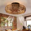 20" Caged Ceiling Fans with Lights and Remote, Boho Flush Mount Ceiling Fan with Light, Low Profile Chandelier 6 Speed Bladeless Reversible Ceiling Fan w/ 4 Bulbs. for Living Room Bedroom.