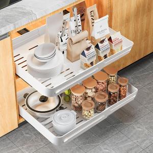 2 Pack 21" Deep Pull Out Cabinet Organizer Expandable Width 12"-21" Upgrade ABS Material Slide Out Drawers with 3 Slide Rails Adhesive Film or Nail Fixed Pull Out Drawers for Kitchen Bathroom, White