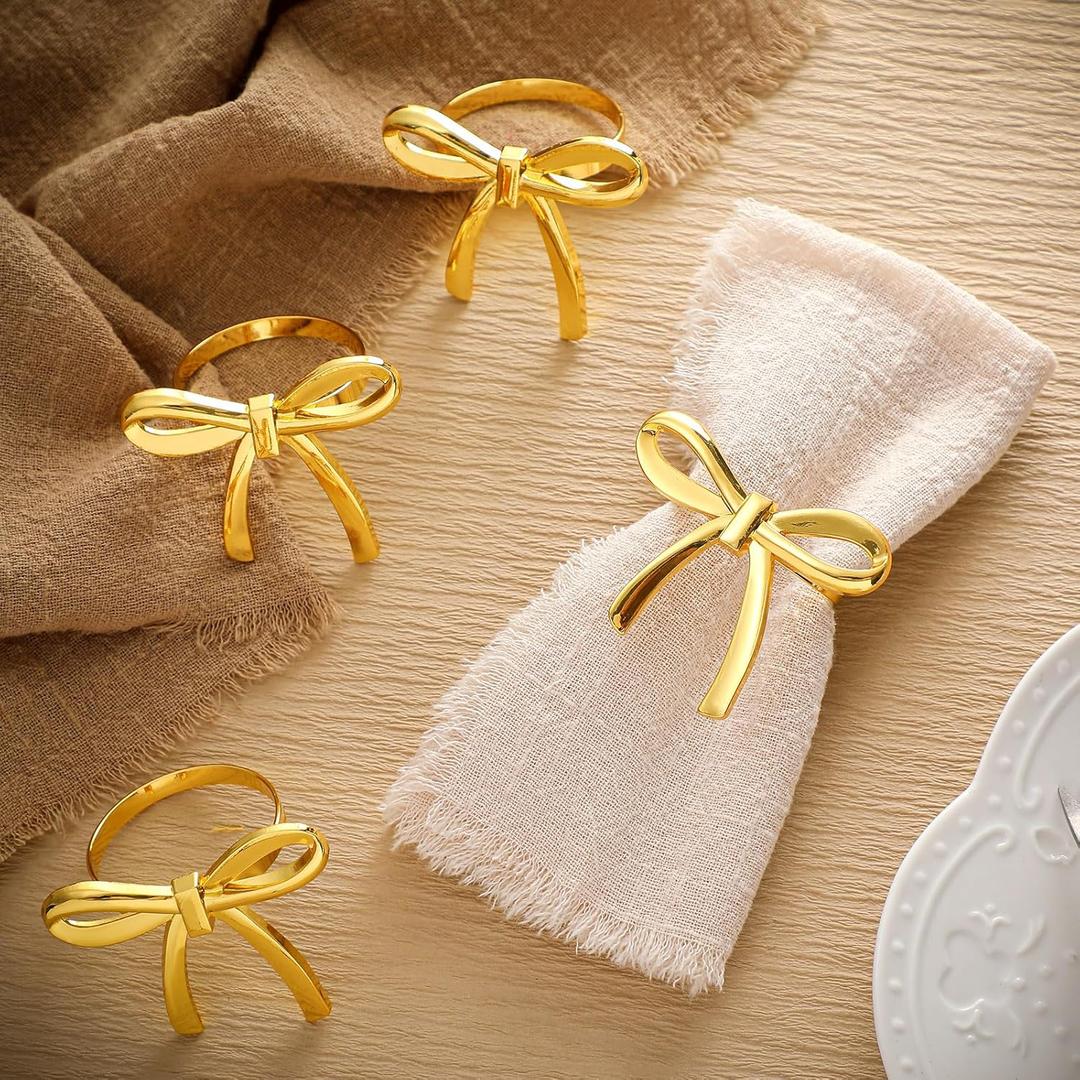 12 Pcs Gold Bow Napkin Rings, Metal Butterfly Napkin Holders for Dinner Parties Wedding Banquet Table Setting Family Gatherings Table Decoration
