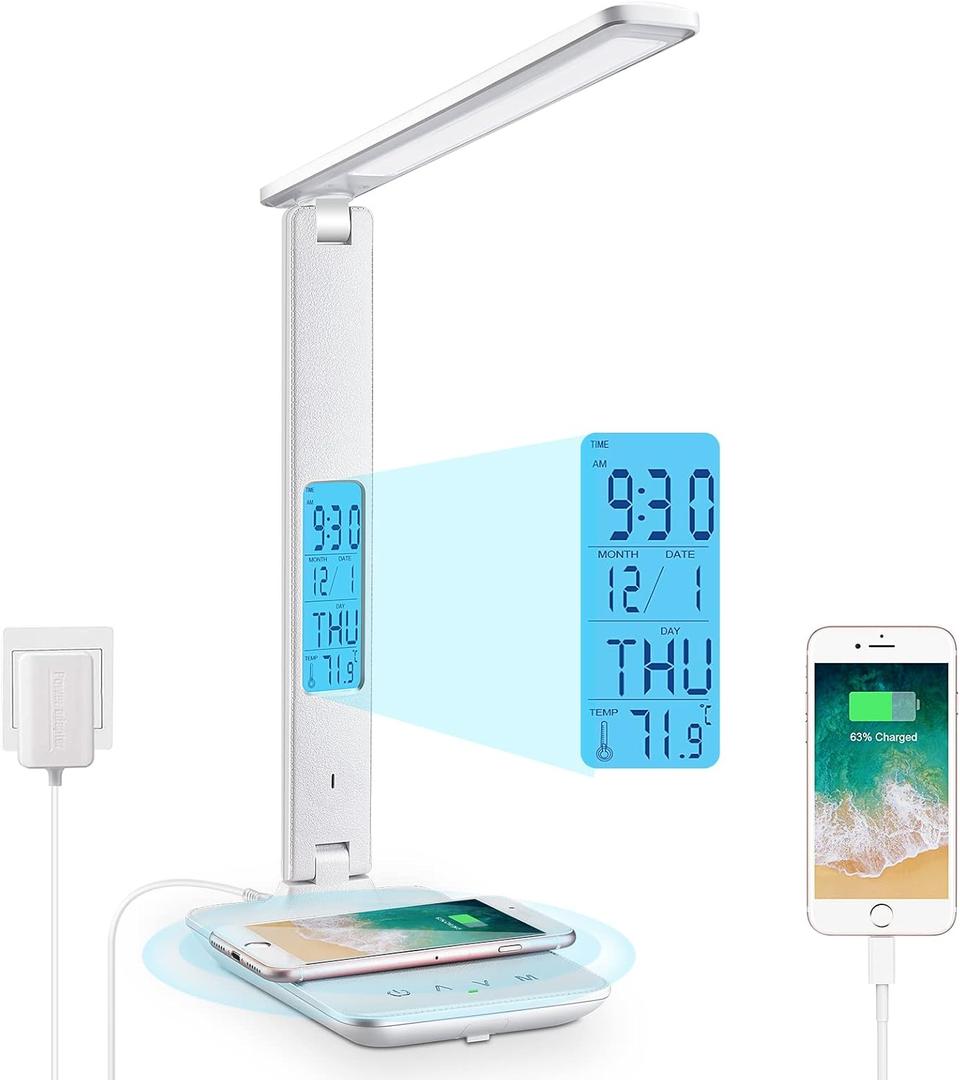 Desk Lamp with Wireless Charger: USB Charging Port, Table Lamp with Clock, Desk Lamps for Home Office College Dorm Room Essentials (White)