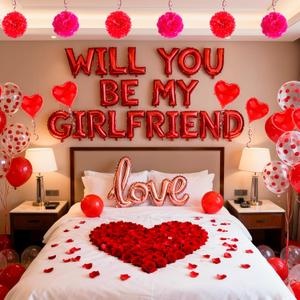 Red 16" Will You Be My Girlfriend Balloons Letters Set- 10Pcs Heart Balloons, LOVE Alphabet Foil Mylar Balloons with 1000 Pcs Artificial Rose Petals for Valentines Day Decorations