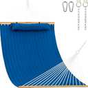 Lazy Daze 12 FT Double Quilted Fabric Hammock with Spreader Bars and Detachable Pillow, 2 Person Hammock for Outdoor Patio Backyard Poolside, 450 LBS Weight Capacity, Dark Blue/Natural