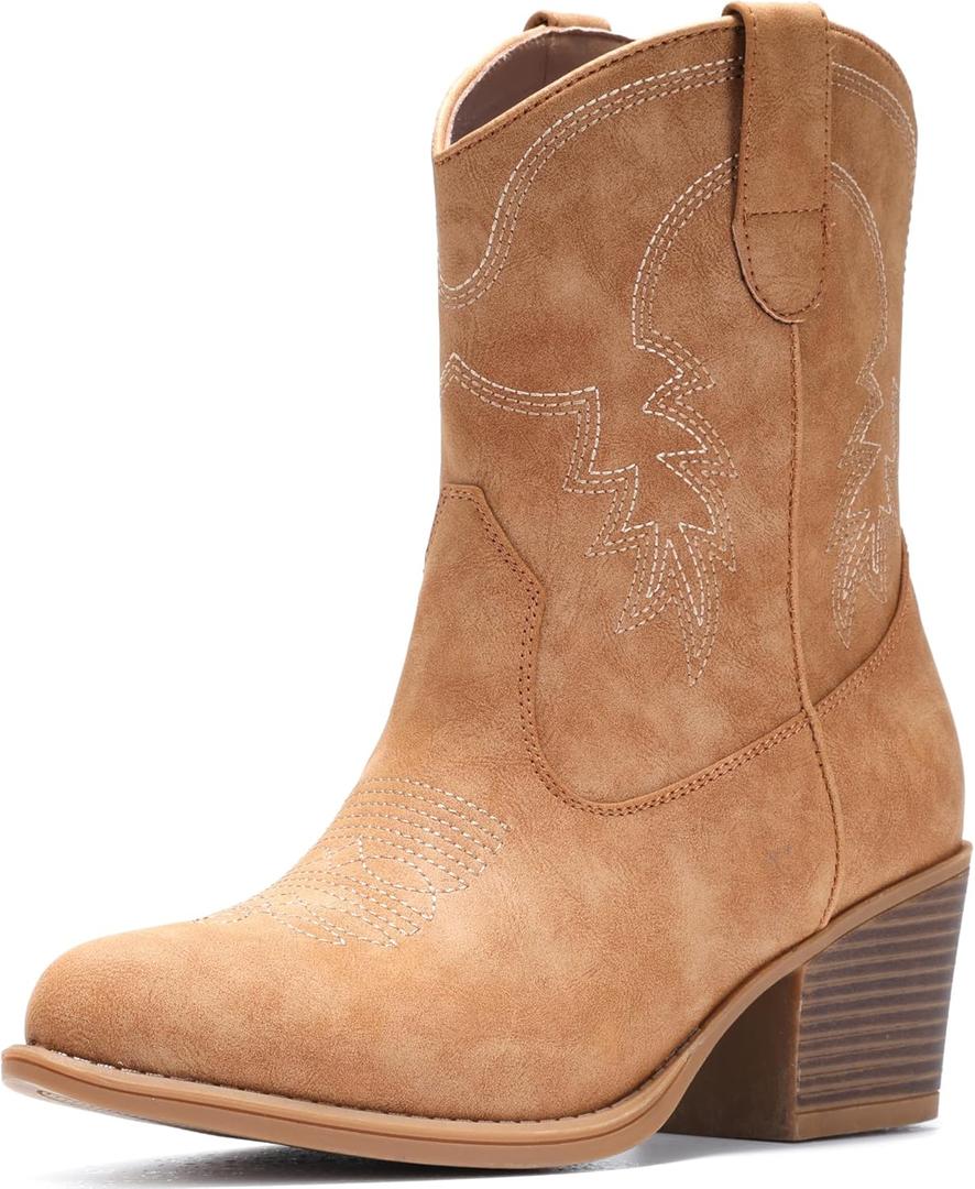 IXU Cowboy Boots for Women Ankle Cowgirl Booties Wide Mid Calf Pointed Toe Western Boots Short Chunky Classic Booties (8.5, Camel)