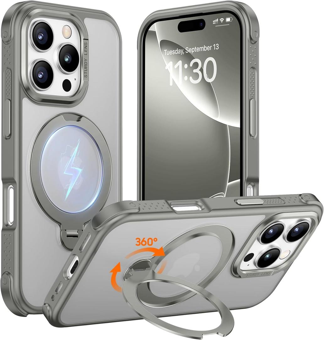 Temdan Designed for iPhone 16 Pro Max Case,[with 360Rotatable Invisible Magnetic O-Ring Stand][Military Grade Shockproof][Compatible with MagSafe] Anti-Slip Translucent Matte Phone Case 6.9" (Grey)