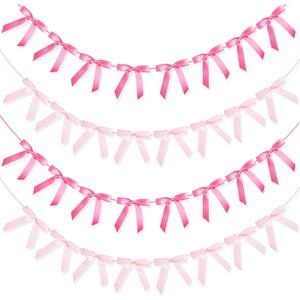 4 Pcs Pink Bow Garland Banner, Pre Strung Pink Coquette Party Decortions for Girls Bow Birthday Decorations, Bachelorette Party Decorations, Bridal Shower