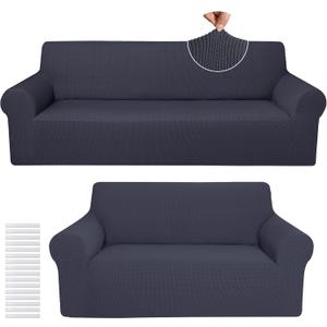 Peryiter 2 Pcs Loveseat Covers Slipcover Set for Couch Furniture Covers for Living Room Sofa Arm Chair, Form Fit Stretch, Wrinkle Proof, Furniture Protector(Dark Gray, Polyester Spandex Blend)