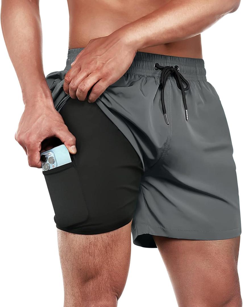 BRISIRA Mens Swim Trunks Swim Shorts Quick Dry 5 inch Inseam Beach Shorts with Compression Liner and Zipper Pocket (34, Grey)