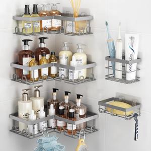 Liuoud Corner Shower Caddy, 5 Pack Adhesive Stainless Steel Organizer, Grey | Shower Shelves with Soap Rack Toothbrush Holder, Large Capacity No Drilling Bathroom Accessory Home Decor Set