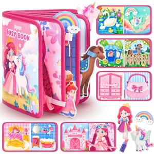 JoyCat Travel Toys for Toddlers 1-3, Princess Busy Book Busy Book for 1 Year Old, Dress-Up, Unicorn & Castle Play Quiet Toy Fine Motor Skills, Easter Basket Stuffers Gifts for Kids Girl
