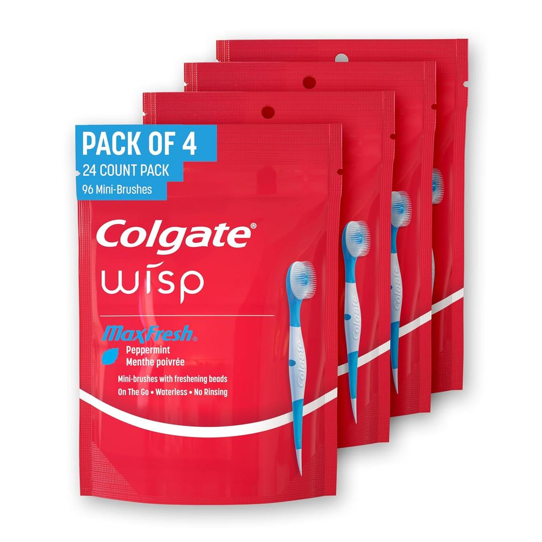 Colgate Max Fresh Wisp Disposable Mini Travel Toothbrushes, Peppermint, 24 Count (Pack of 4)