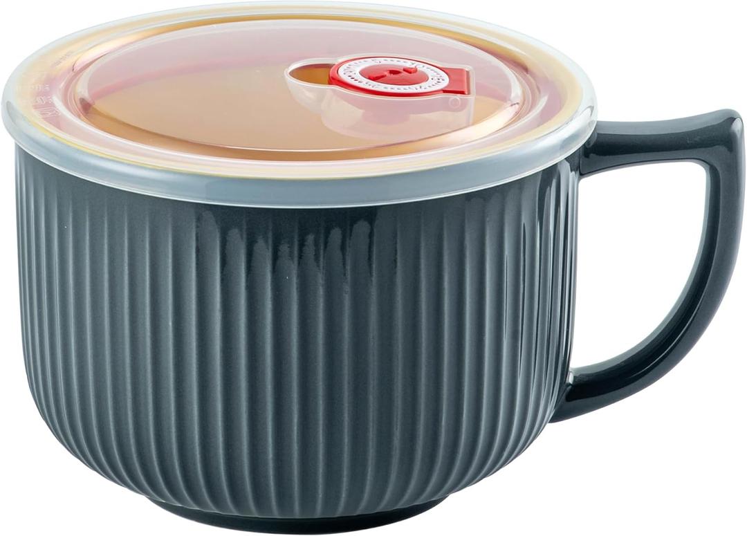 Oversized Soup Bowl with Handle, 38oz Microwave Ramen Bowl with Lid, Jumbo Soup Mug for Ramen, Noodle, Cereals, Soup Container with Lid, Dishwasher Safe - (Gray) (Grey/Yellow)