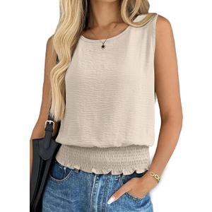 BLENCOT Summer Tank Tops for Women Sleeveless Casual Boho Cami Slim Fit Smocked Bottom Shirts (M)