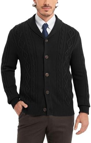 Kallspin Men's Wool Blend Cardigan Sweater Cable Knit Shawl Collar Cardigan Button Up Classic Knitwear, L