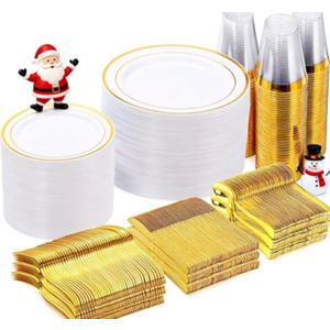 Goodluck 600 Pieces Gold Disposable Plates for 100 Guests, Plastic Plates for Party, Dinnerware Set of 100 Dinner and 100 Dessert Plates, 100 Spoons, 100 Forks, 100 Knives, 100 Cups
