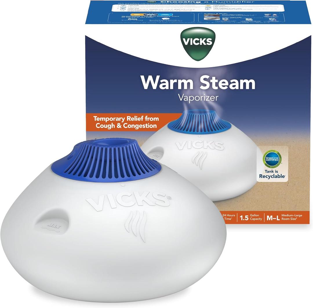 Vicks Warm Steam Vaporizer, Small to Medium Rooms, 1.5 Gallon Tank  Warm Mist Humidifier for Baby and Kids Rooms with Night Light, Works with Vicks VapoPads and VapoSteam