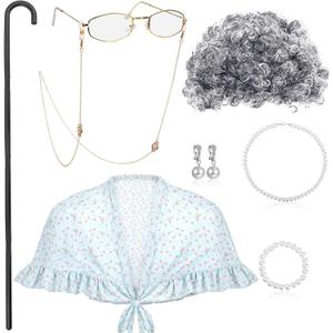 BBTO 100 Days of School Costume Old Lady Costume for Kids Granny Wig Shawl Grandma Outifits with Glasses and Accessories