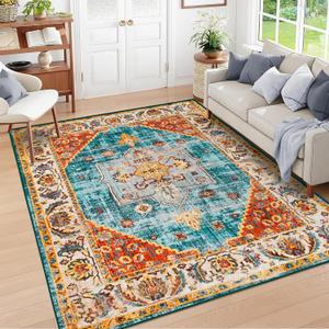 INGEROOM Washable Area Rugs for Living Room Vintage Large Area Rug 69 Boho Rug Non-Slip Carpet Machine Washable Area Rugs for Bedroom and Kitchen Made of Faux Wool Ruggable Rugs