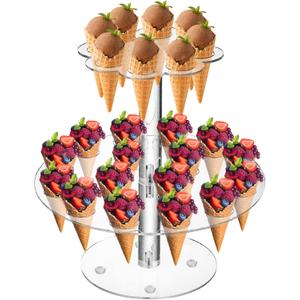 Hacaroa Acrylic Ice Cream Cone Holder, 24 Holes Waffle Sushi Hand Roll Stand Double Layer Cone Display Stand, Clear Food Display Stand Rack for Birthday Parties, Weddings, Christmas, Flower Shape