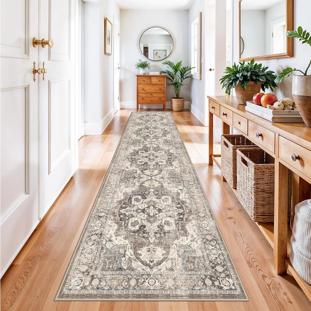 3x15 Hallway Runner Rug Washable: Soft Thin Kitchen Rugs for Indoor Entryway Vintage Non-Slip Stain Resistant 15ft Long Carpet Home Decor Floor Mat for Bedroom Living Room(Beige/Brown/Grey, 3x15)