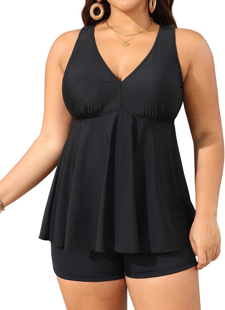 Aqua Eve Plus Size Swimsuits with Shorts Two Piece Tankini for Women Flowy Bathing Suits Athletic Swimwear (Black) 14W