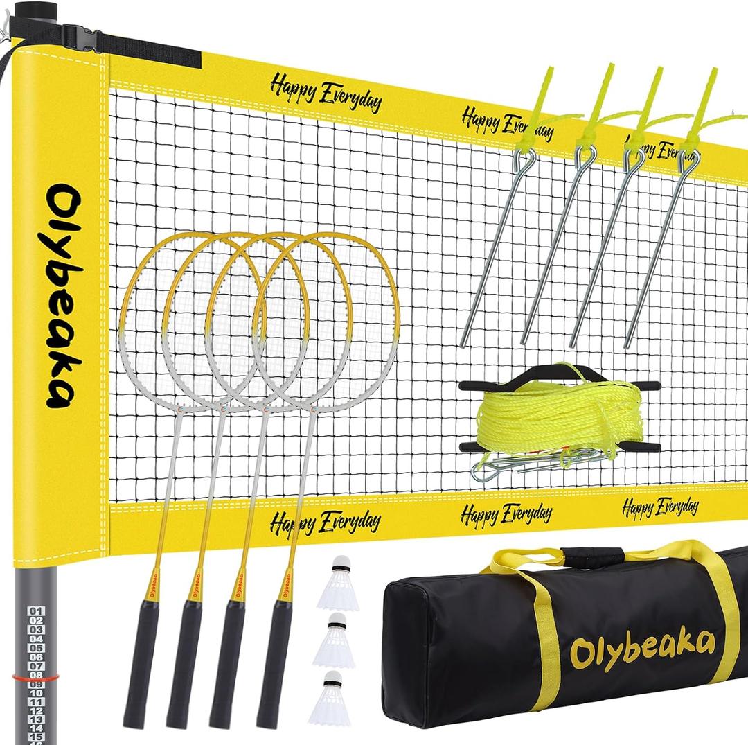 Outdoor Badminton Set for Backyard Lawn Beach Portable Badminton Net Set System with Anti Sagging Design 4 Carbon Aluminum Rackets 3 Birdies and Carrying Bag, Regulation