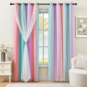 XiDi Kids Blackout Curtains with Sheer Overlay for Girl Bedroom 96 Inches Long Pink Purple Green Rainbow Princess Double Layer Curtain Thermal Insulated Room Darkening Grommet Drapes 2 Panels W52xL96