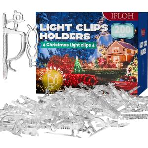 Holiday Light Clips [Set of 200] Christmas Outdoor Light Clips - Mount to Shingles & gutters - Works with Mini, C6, C7, C9, Rope, Icicle Lights - No Tools Required