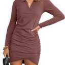 AUXDIO Women Bodycon Long Sleeve Dresses Casual V Neck Ruched Wrap 2026 Spring Fall Party Club Mini Dress (L)