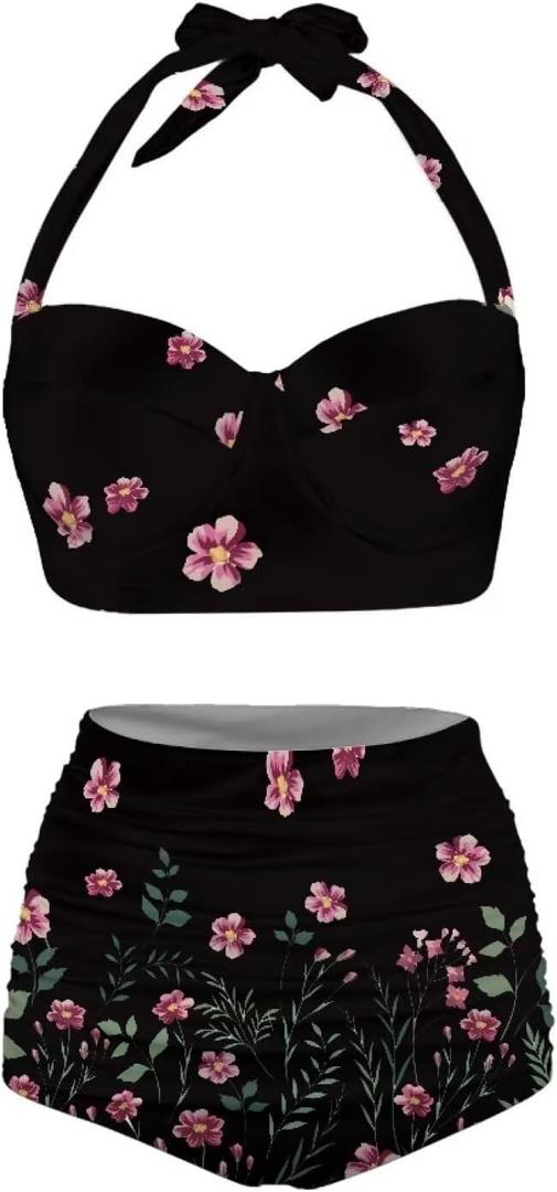 Butterfly Women's Retro Ruched Ruffle High Waist Bikini Set, Flag Tankini Swimsuits Tummy Control Swimwear (X-Large)