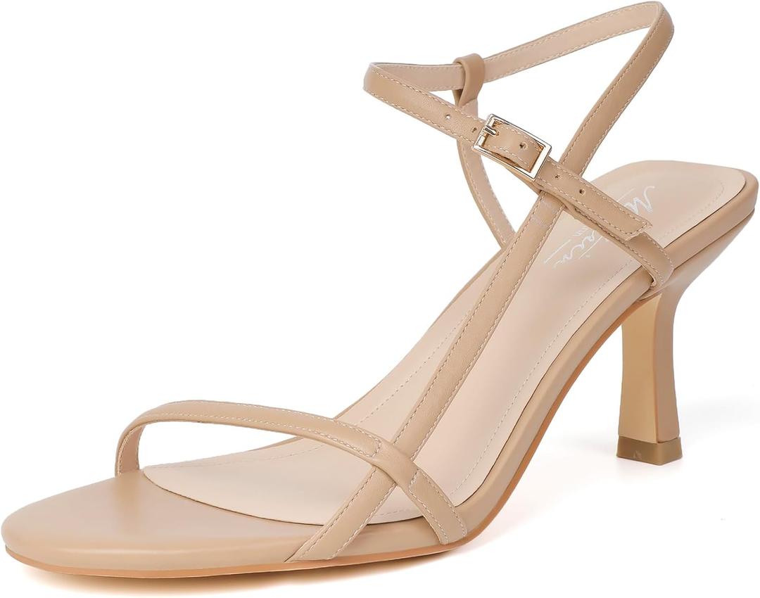 Mostrin Heels for Women Strappy Sandals Square Open Toe High Heel Sandals Ankle Strap Stiletto Heels for Party Wedding (8.5, Nude 05)