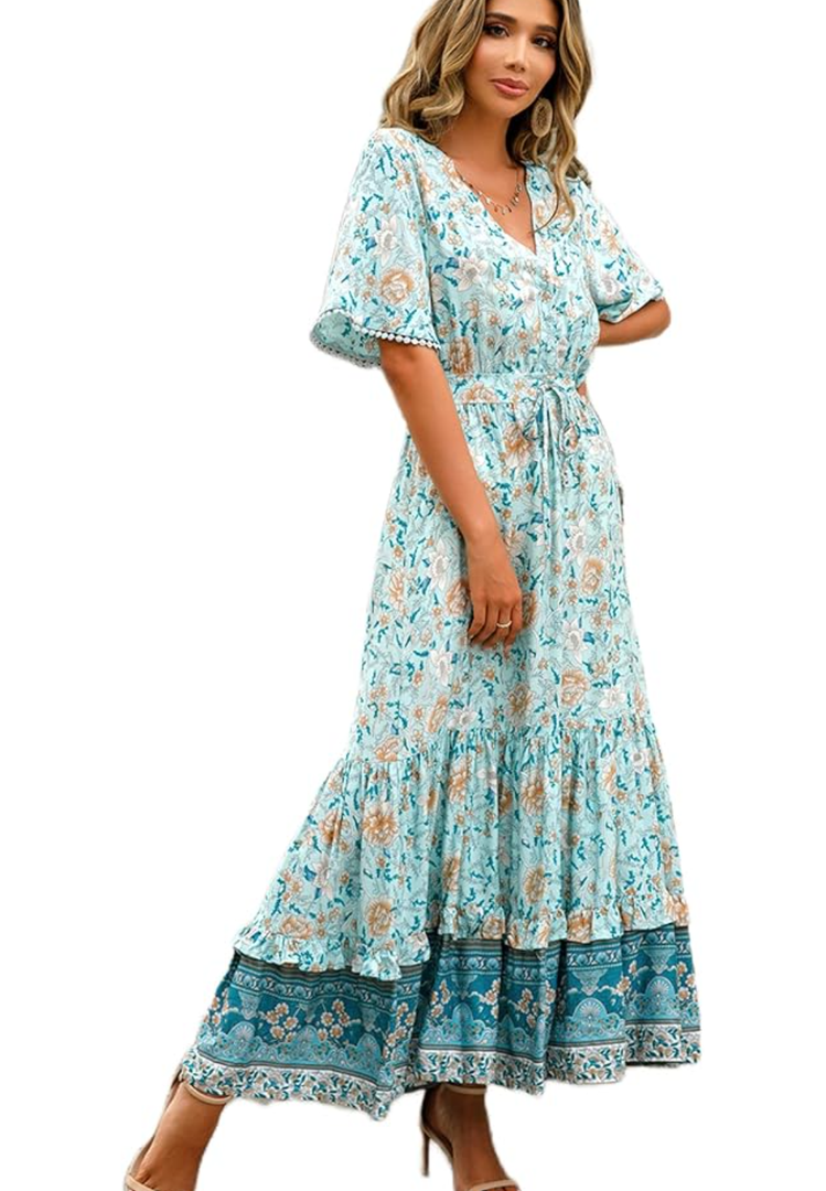 R.Vivimos Womens Summer Cotton Short Sleeve V Neck Floral Print Casual Bohemian Midi Dresses Larg