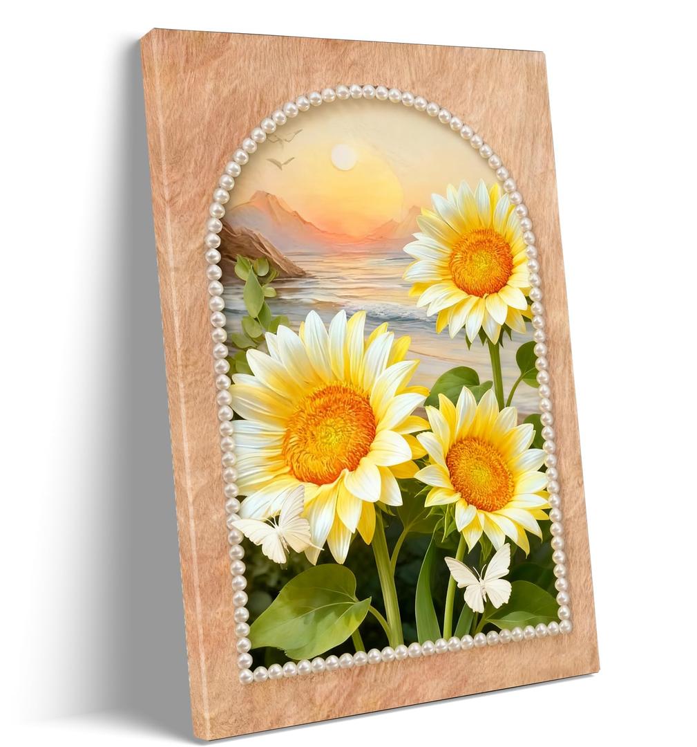 Sunflower Sunset Canvas Wall Art Framed Warm Sunshine Flower Poster Decor, Size: 24"L x 16"W