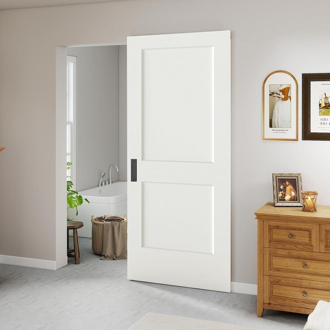 BarnSmith 36"x84" Concealed Sliding Barn Door, 2 Panel White Primed Solid Core Hidden Barn Door with Soft Close Installation Hardware and Double Sided Pulls Included, Pre-Assembled Panel