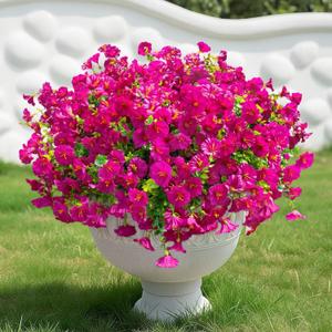 Artificial Flowers for Outdoors Spring Summer Decoration, 16 Bundles Fake Silk Realistic Morning Glory UV Resistant Faux Plastic Plants for Planter Front Door Porch Patio Yard (Fuchsia)
