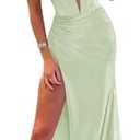 Strapless Bow Prom Dresses Long for Women 2025 Ruched Bow Dress with Slit Satin Formal Evening Gown for Party RO250, Large, Dusty Sage 