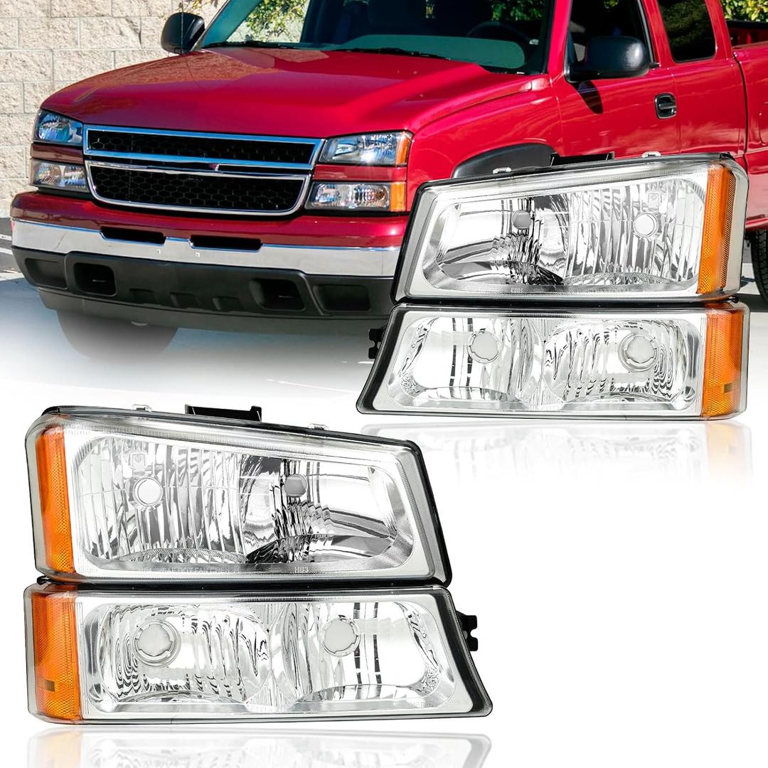 Headlight Assembly, Compatible with 2003 2004 2005 2006 Chevy Silverado 1500 2500 3500 1500HD 2500HD/03-06 Avalanche 1500 2500 Fit Models w/o Factory Cladding Chrome Housing Amber Reflector