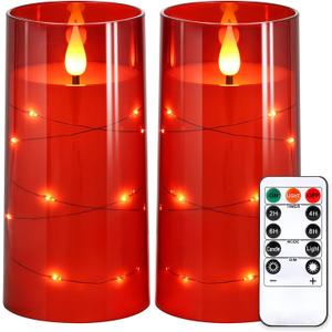 NURADA Flickering Flameless Candles: Built-in Star String Lights Battery Operated LED Pillar Candles with Remote and Timer Romantic Decorations for Wedding Party Christmas Halloween - Red 2 Pack