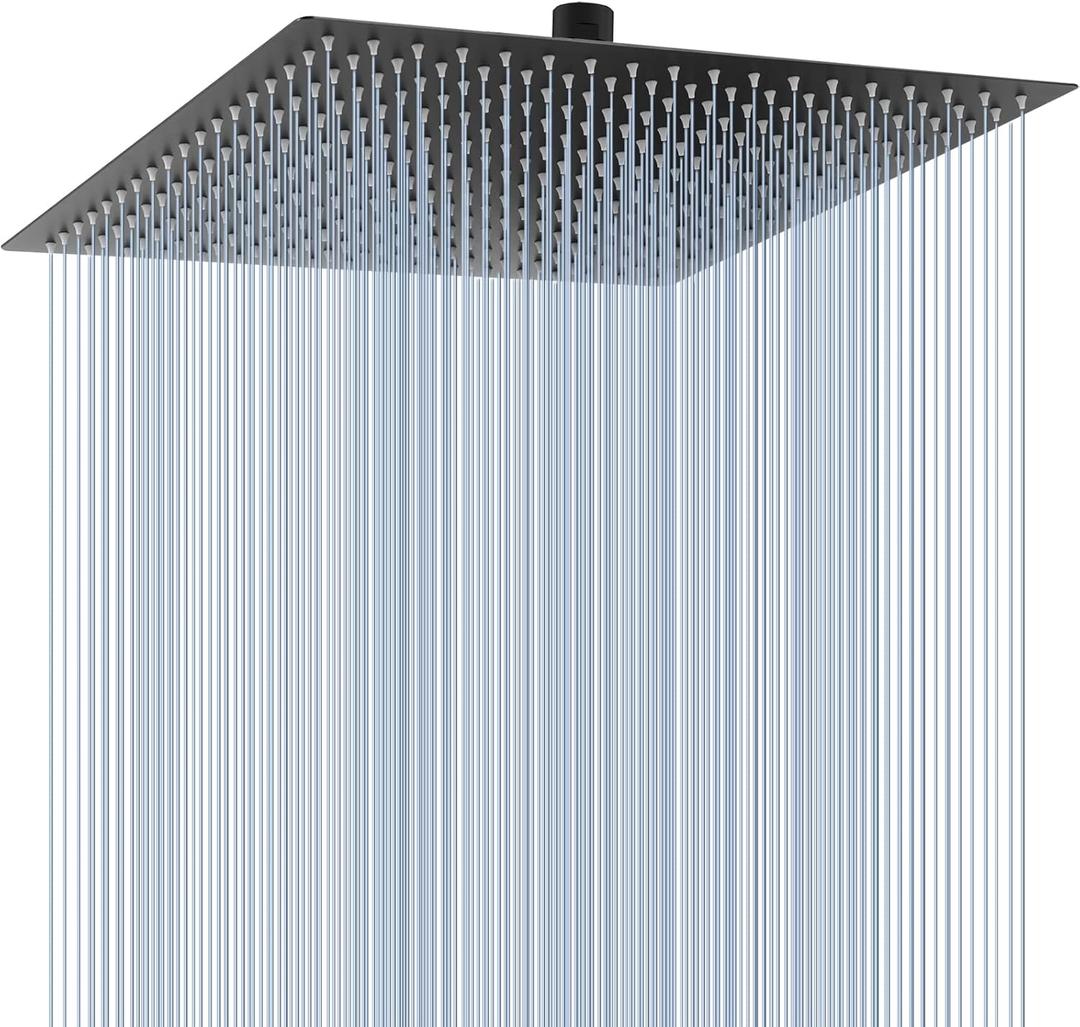 Voolan Oversize Rain Shower Head - High Flow Square Rainfall Showerhead - Waterfall Full Body Coverage - Universal Ceiling or Wall Mount (16 Inch, Matte Black)