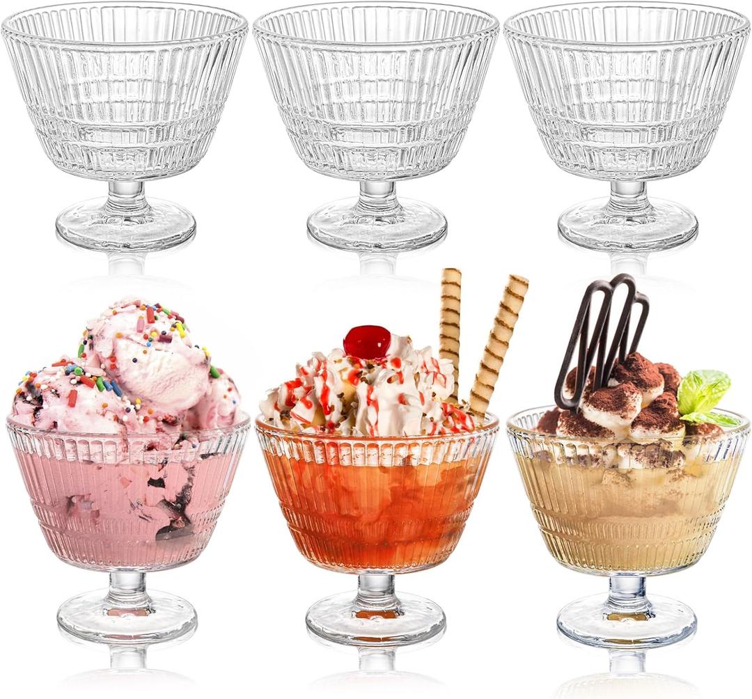 6 Pack Glass Dessert Bowls Set, 10 Oz Vintage Ice Cream Cups with Pedestal, Fluted Sundae Dishes Pudding Footed Bowl for Ice Cream, Dessert, Parfait, Candy, Fruit