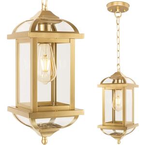 Gold Outdoor Pendant Light for Porch Fully Enclosed, 16 Inch Large Exterior Hanging Light Aluminum Made Anti-Corrosion Outside Ceiling Mount Lights Brass Chandelier Entry Light, E26