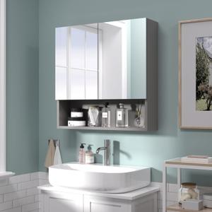 24x24 Bathroom Cabinet with Mirror, Wall Cabinet with 2 Mirrored Doors, Adjustable Shelf, Open Compartment, Wall-Mounted, Grey(Assembly Required), W24 x H24 2 Door