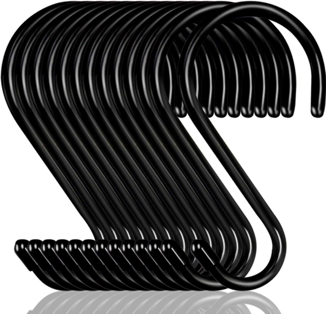 Dreecy 16 Pack S Hook for Hanging Plants, 6 Inch Large Heavy Duty S Hooks for Closet, 7 MM Thick Metal Black Rubber Coated S Shaped Hooks for Hanging Jeans Bags Cups Pot Jewelry Garden Tools