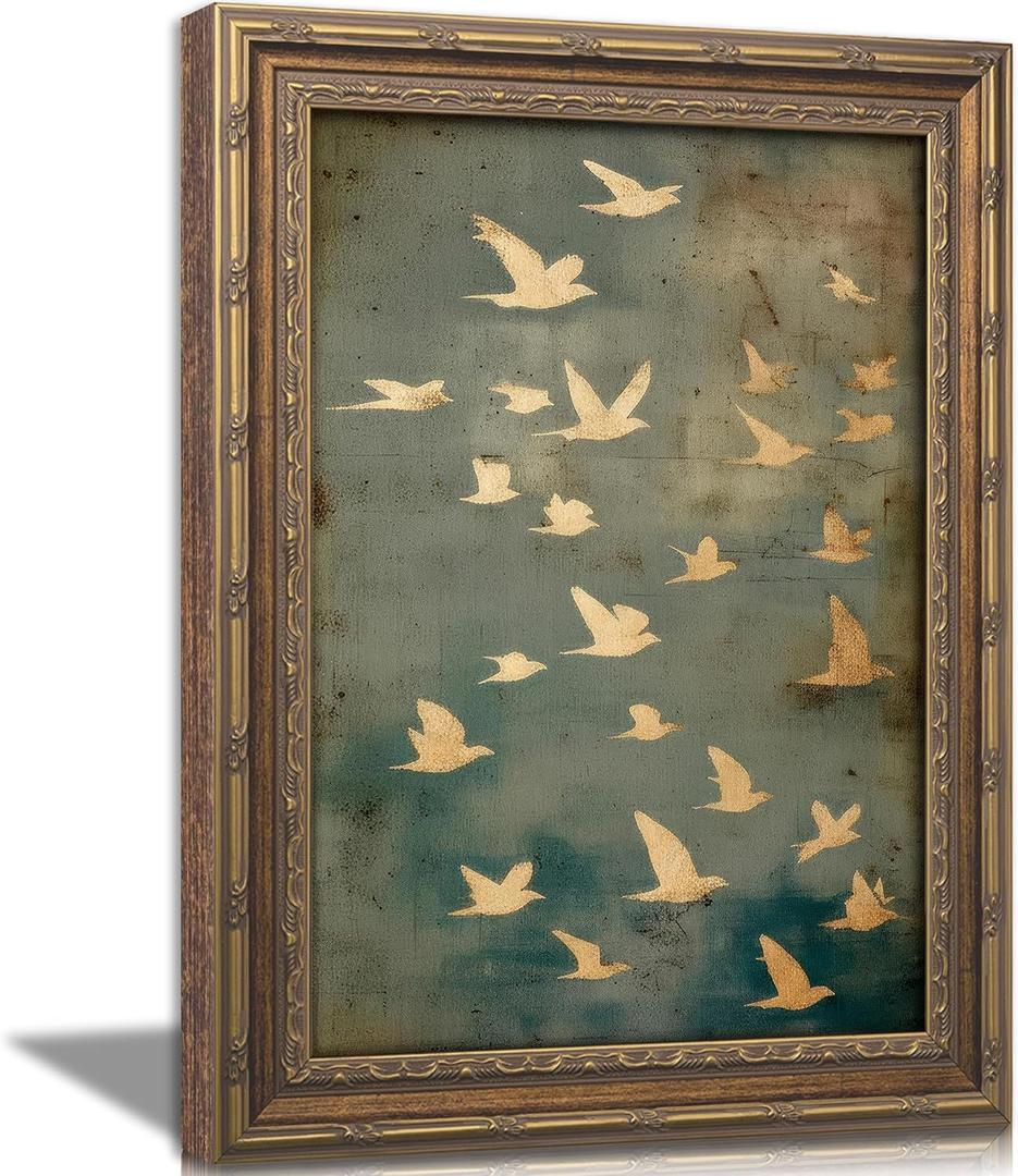 Vintage Gold Framed Wall Art, Golded Inspired Abstract Birds Canvas Prints, Flock of Flying Birds Picture Wall Decor, Rustic Farmhouse Minimalist Animals Poster Artwork for Living Room Bedroom, 24"L x 16"W
