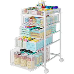 Rolling Utility Cart with 4 Drawers, Craft Organizer and Storage Carts with DIY Divider, Lockable Wheels Storage Organizer for Art Supplies, Store for Brushes & Paints & Artifacts, White